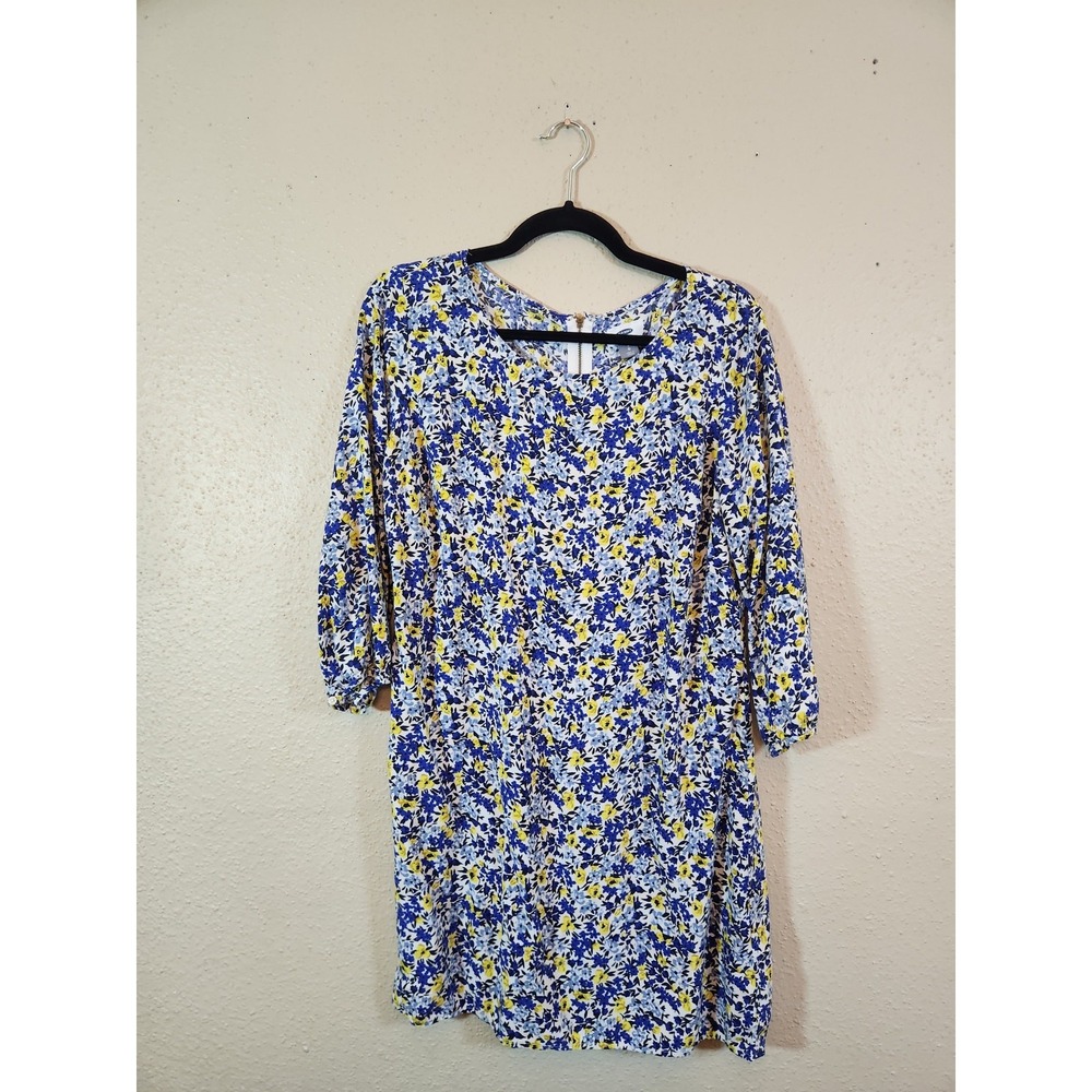 Old Navy Womens Large Blue Yellow Floral Shift Dress 3/4 Sleeve Mini Back Zip